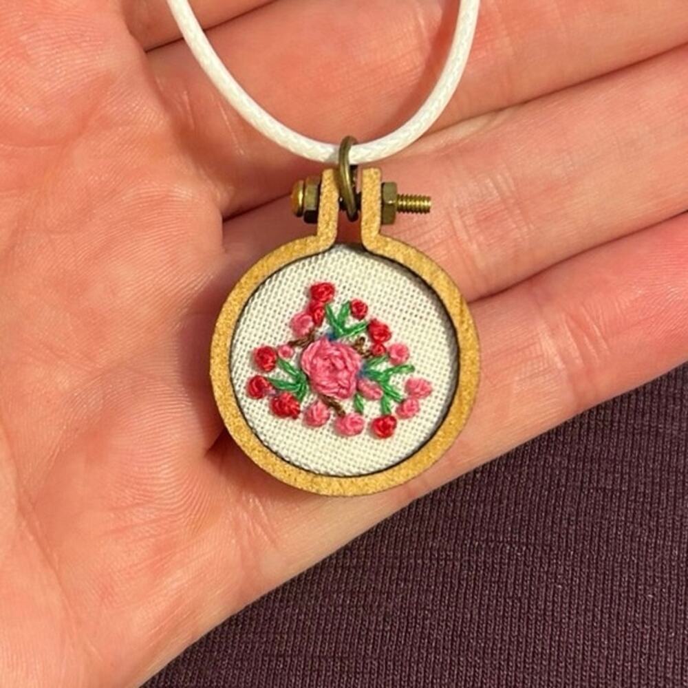 Handmade Yellow Rose Charm Necklace mini Embroidery Hoop